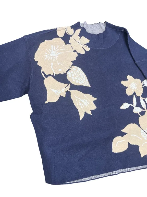 Anthropologie womens blue cream pull over crew neck sweater sz XL SKU 10-784 - Image 2