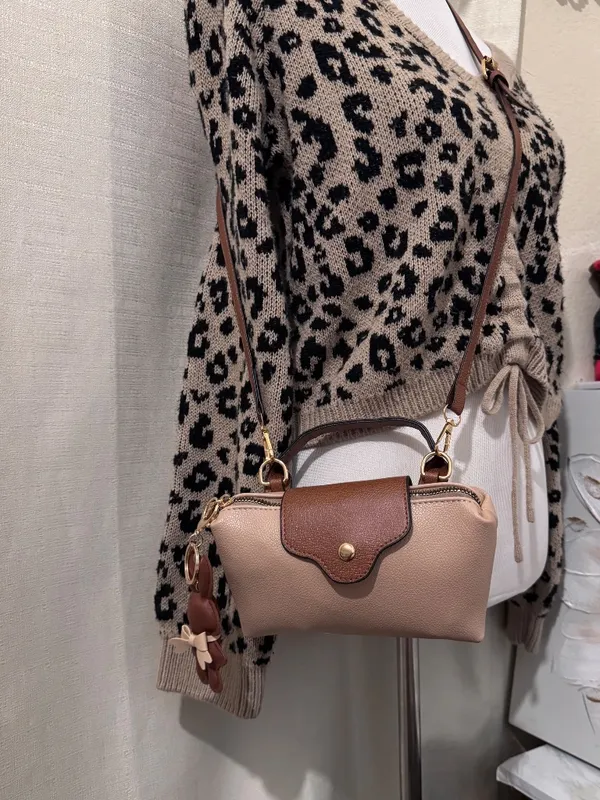 Stella Tan Beige Mini Crossbody Bag w/ Brown Faux Leather Trim & Bunny Charm - Image 6