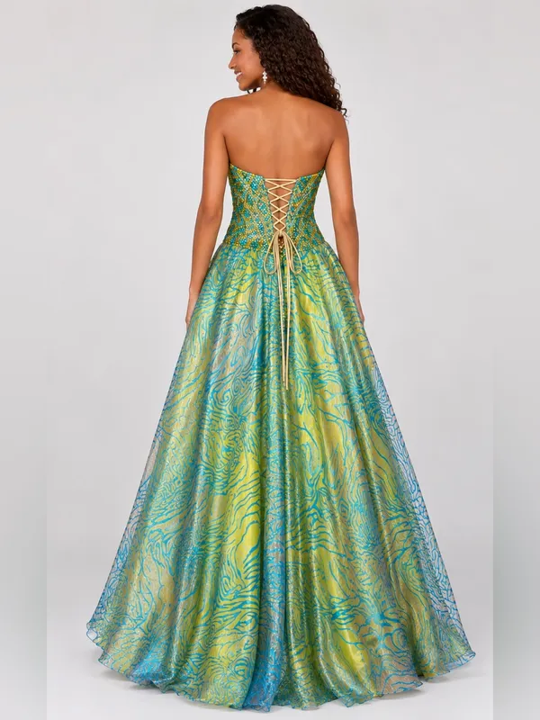 NWT Studio 17 House of Wu Lime Turquoise Gold Strapless Gown 8 - Image 2