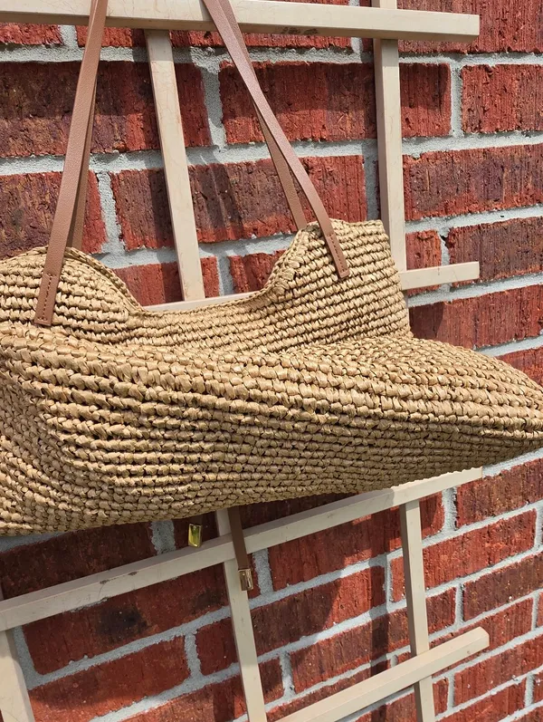 Anthropologie Beige raffia Woven & Brown Leather Tote - Image 6