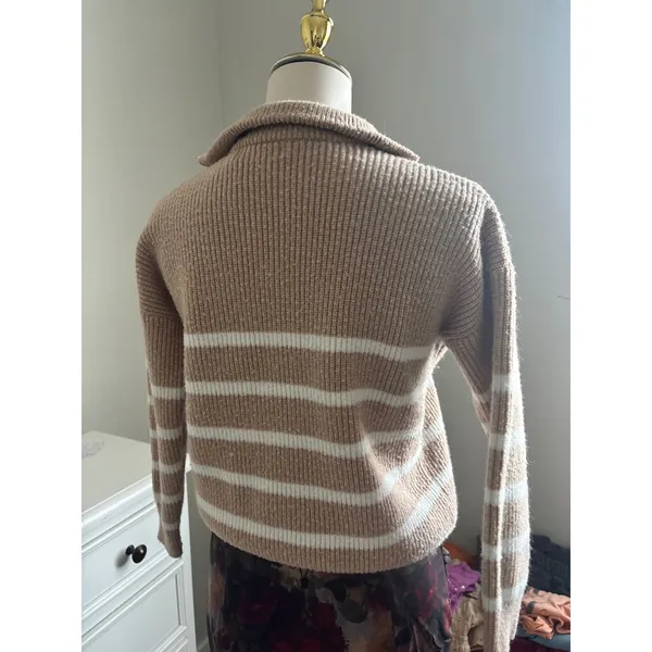 Half‎ Zip Sweater Womens Tan White Excellent Ribbed Striped Pullover - Image 2
