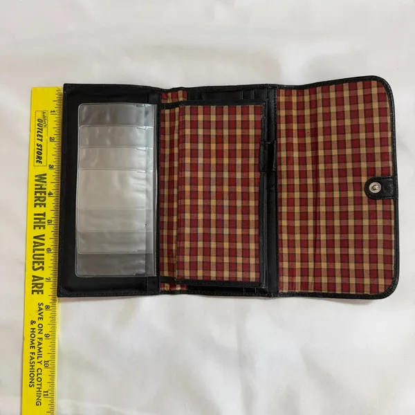 Dockers Black Leather Tri-Fold Continental Wallet Plaid Lining Checkbook Holder - Image 6