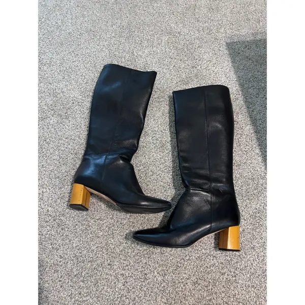 Kate Spade New York Black Leather‎ Knee High Boots Block Heel Zip Back - Image 2