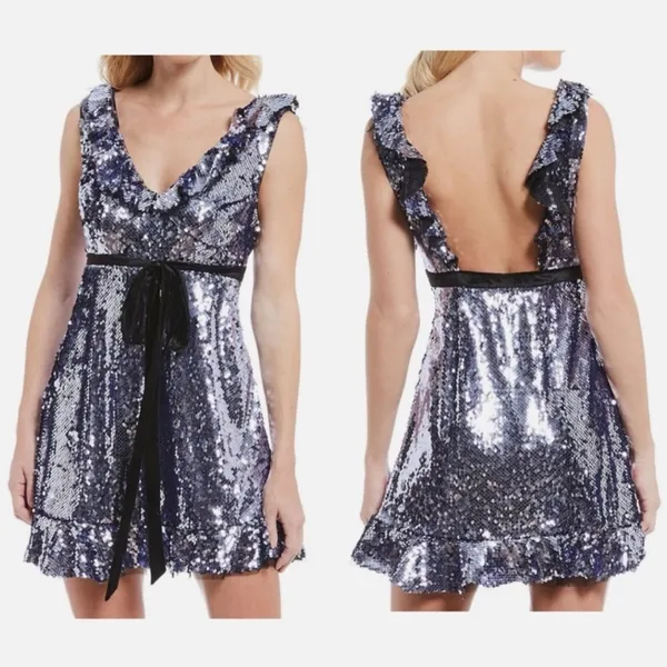 NWT Free People Siren Sequin V-Neck‎ Ruffle Mini Dress Size 8 - Image 2
