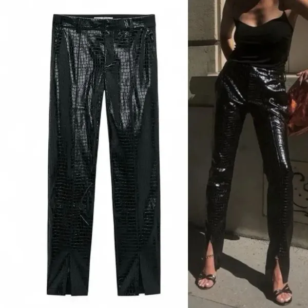 ZARA Faux Leather Trouser Pants Crocodile Embossed Front Hem Slit Black Zara all - Image 3