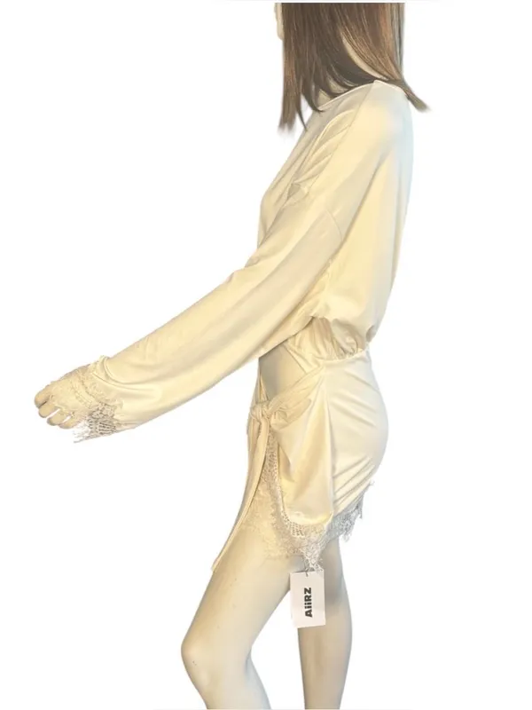 AiiRZ Long Sleeve Jersey Mini Dress With Lace Trim Cream Large NWT - Image 6