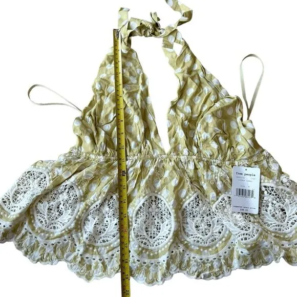 Free People M Lunch‎ Date Yellow Polka Dot Halter Top Citron Plunge Coquette New - Image 9