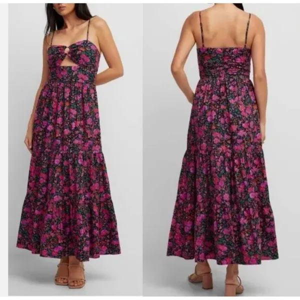 NWOT Fore Floral Tiered Boho Maxi Dress Cut Out Large Cotton Large - Image 4