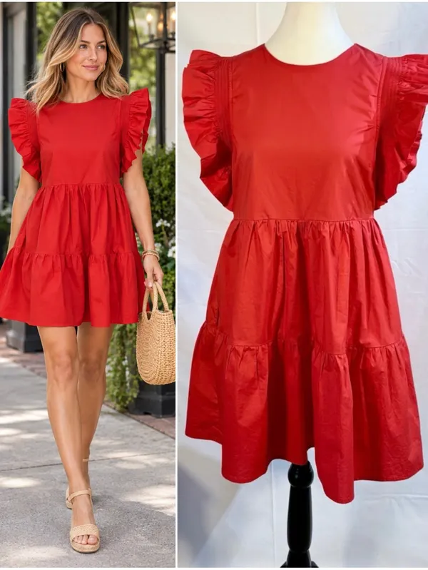 English Factory True Red Ruffle Sleeve Babydoll Tiered Mini Dress Sz S 🧡 - Image 2