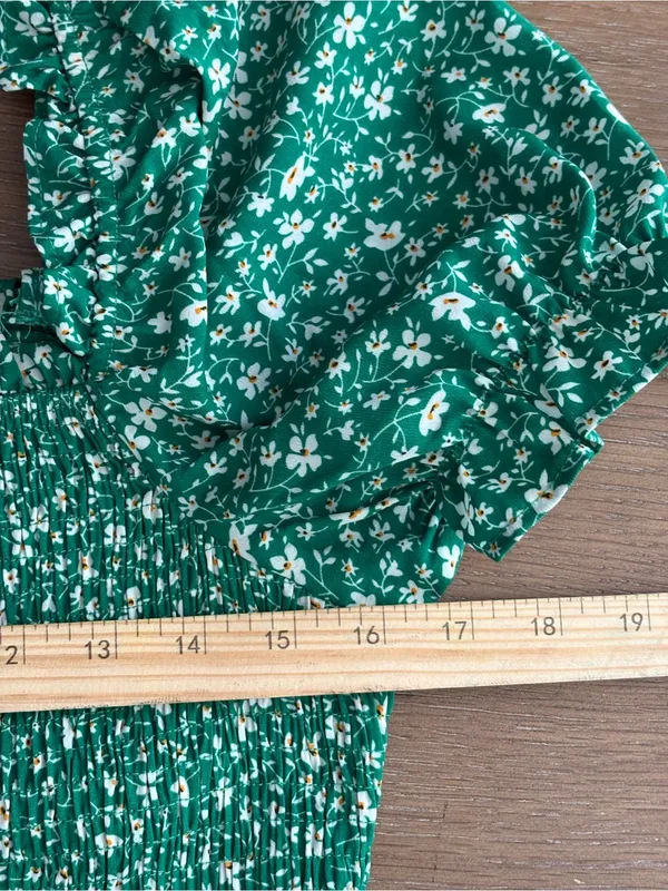 PRETTYGARDEN Green Floral Midi Dress with Smocked Bodice and Puff Sleeves - Image 5
