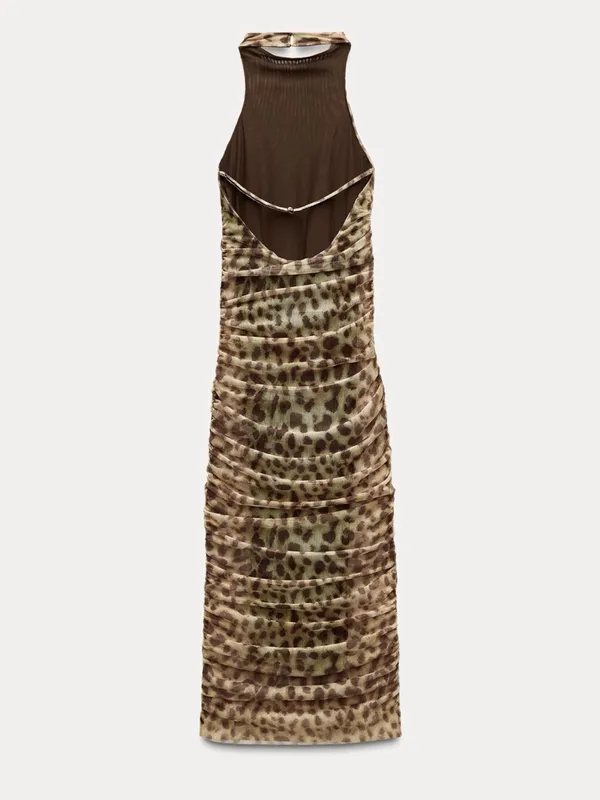 Zara Leopard-Print Ruched Midi Dress in Tan - Image 4