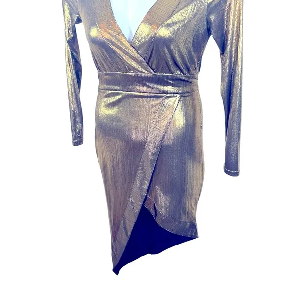 Lulu’s Metallic Gold Faux Wrap Asymmetrical Party Dress Semi Sheer Small Glam - Image 7