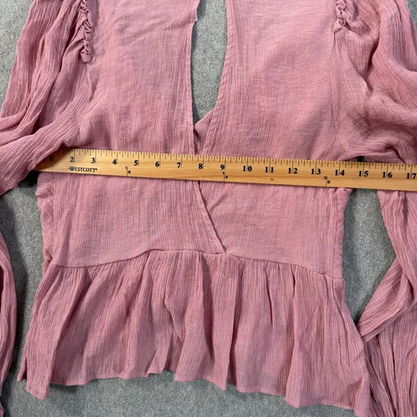 Free People Women's XS Pink Ruched Deep V-Neck Daia Top Peplum Long Sleeve - Image 11