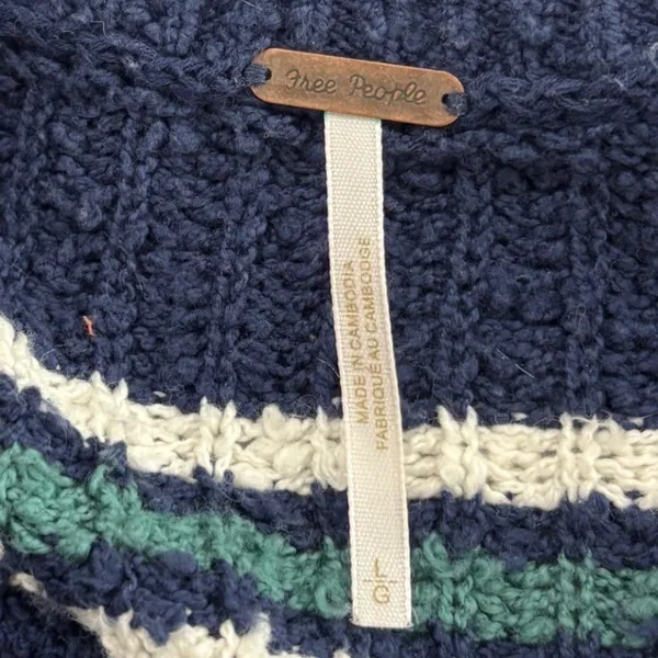 Free People Navy Blue Striped Chunky Knit Polo V-Neck Sweater Large - Image 3