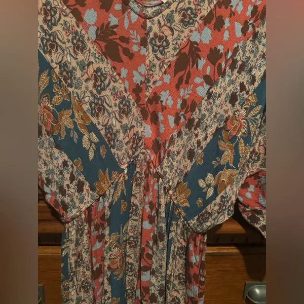 ODDY Boho Floral Mini Dress – Rust Teal Cream V‑Neck Flutter Sleeve Dress - Image 4