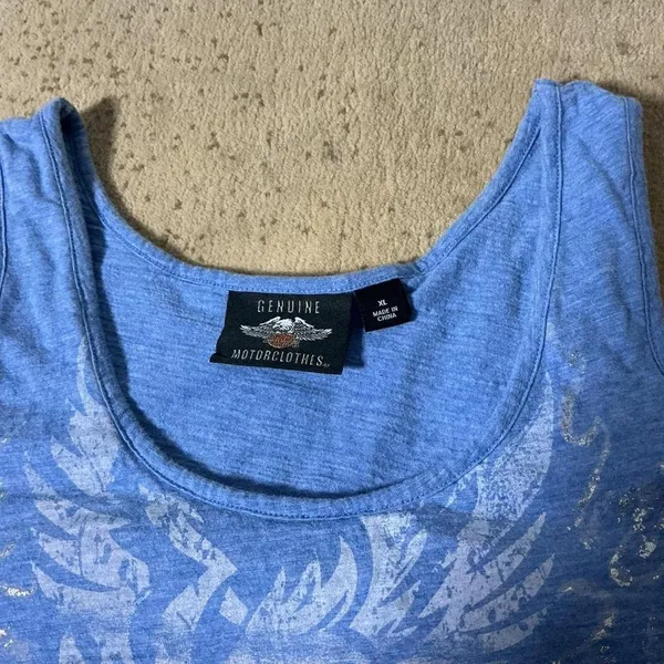 Harley Davidson Womens Blue Graphic Tiered Tank Top XL Eagle Metallic Distressed - Image 4