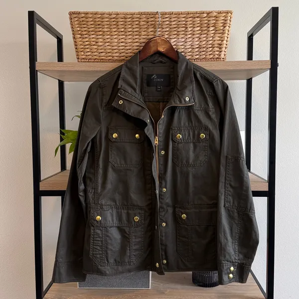 J. Crew Downtown Field Jacket Chore Coat Cotton Waxed Mossy Green Brown, Med - Image 2