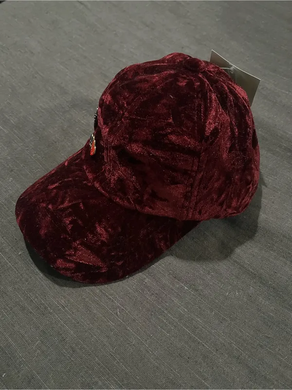 Crushed Velvet Burgundy Baseball Cap with Heart Pins - Image 3