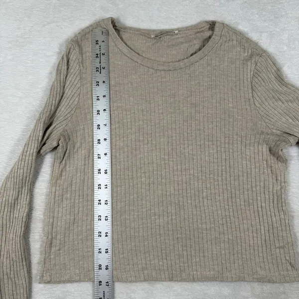 Reformation Womens Small Tan Ribbed Knit Long Sleeve Cropped Top Tencel Modal - Image 5