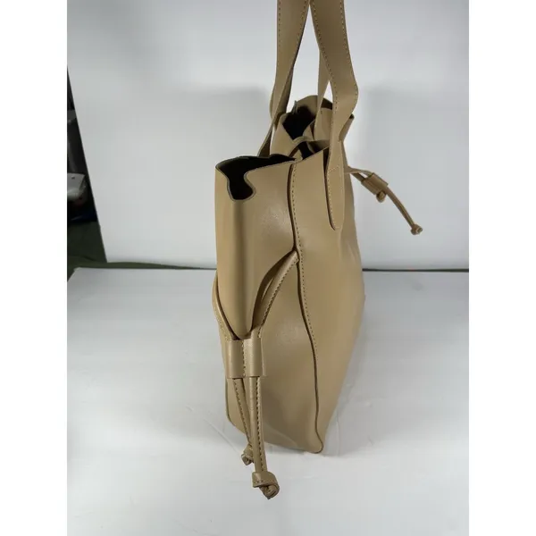 Beige Matte Tote Bag Drawstring Closure Double Handles Solid Medium Casual - Image 2