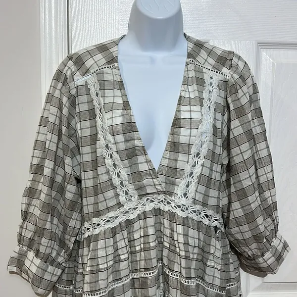 Free People Time Out Babydoll Tunic Cotton‎ Ivory grey combo size SP - Image 4