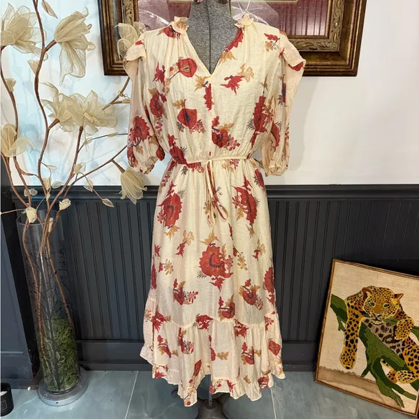 Fate Floral Ruffle Shoulder Puff Sleeve Tiered Midi Dress Size M 🧡🍄 - Image 3