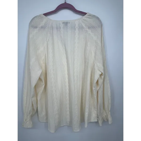VTG Frye Pointelle Knit Blouse Women XXL Ivory Peasant Ruffle Cuff Split Neck - Image 3