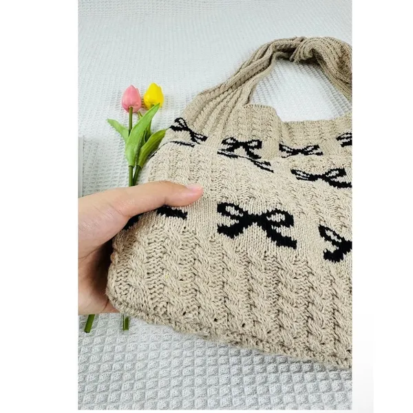 Zenana Coquette Bow Knit Tote Bag Crochet Ribbon Shoulder Bag - Image 3