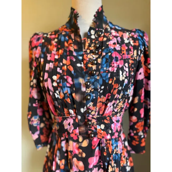Plenty by Tracy Reese Floral Pleated Mock Neck Midi‎ Dress Black Pink Blue - Image 2