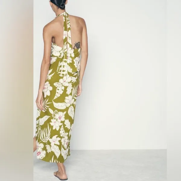NEW Zara Linen Floral Tropical Halter Neck Maxi Dress Green Khaki White Pink XS - Image 4