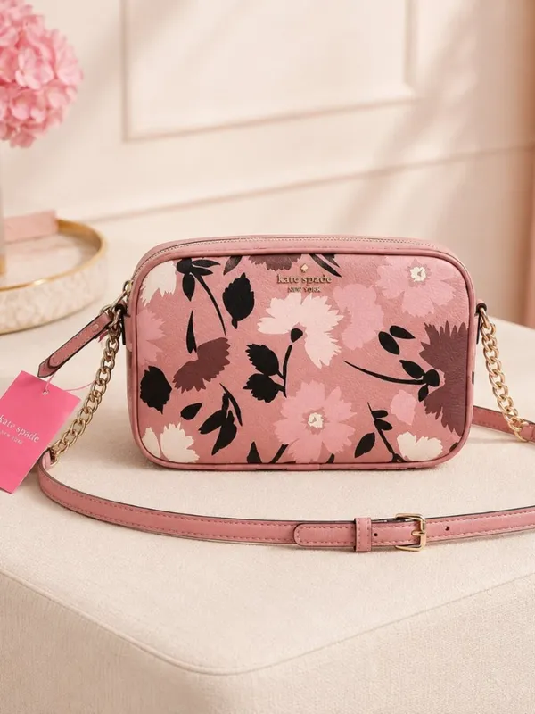 Kate Spade Floral Pebbled Leather Crossbody Pink Center Divider NWT - Image 4