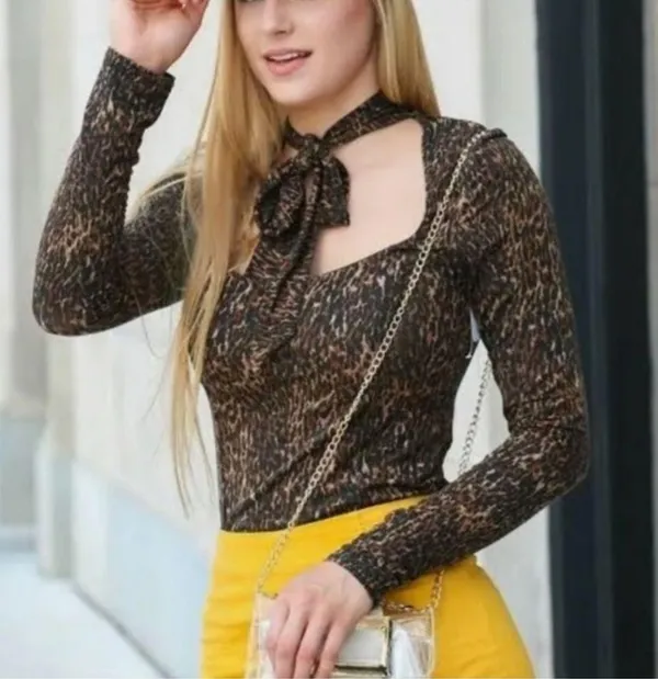 Free People Square Neck Copper Animal Print Pullover Tie Neck Long Sleeve Top Xs - Image 2