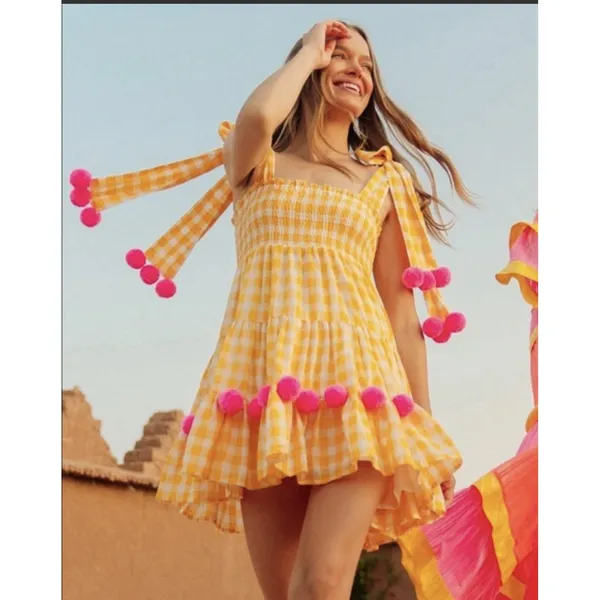 Sundress Pippa Dress Women's M/Large Yellow Gingham Check Pom Pom Boho Revolve - Image 2