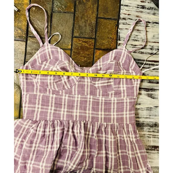 Lulus Purple Plaid Tiered Midi Dress Small Cottage Bustier Women Flair Sundress - Image 5