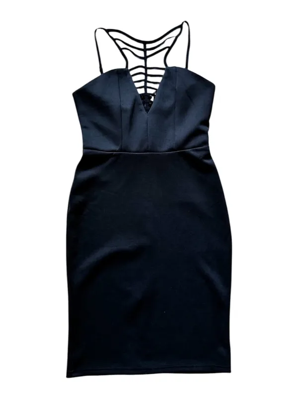 Club L London Black V-Neck Cage Detail Mini Dress Size 6 Sexy Party LBD - Image 3