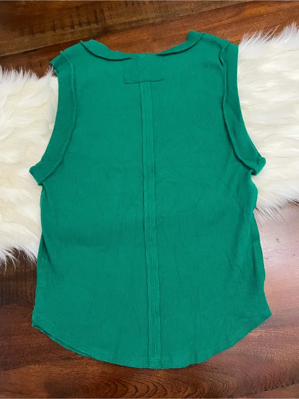Free People Green Ribbed Tank Top XL Sleeveless Stretch Cotton Basic - Image 3