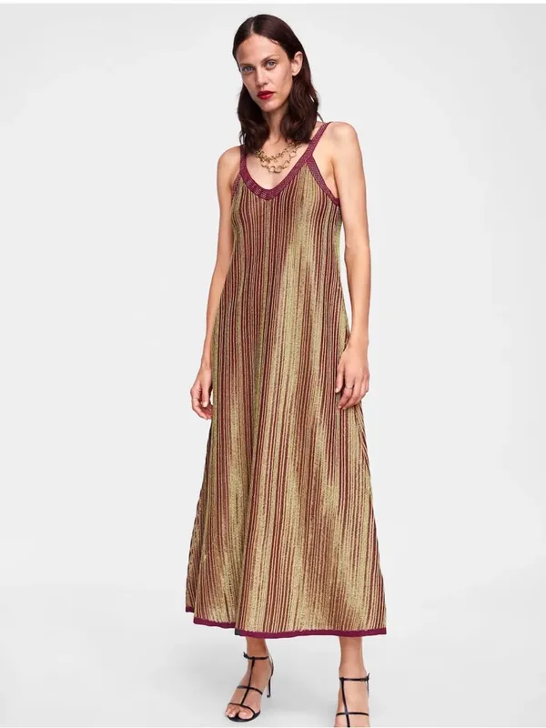 Zara Camel Ribbed Maxi Dress with Burgundy Trim - Image 3