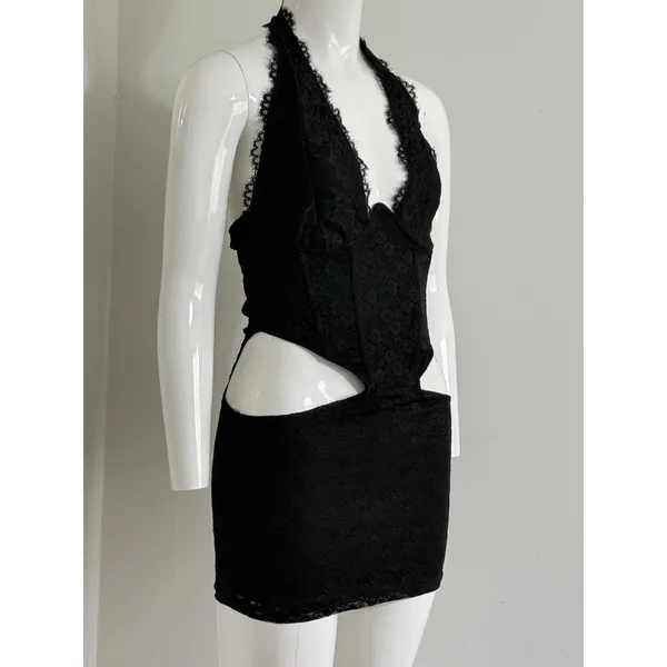 Windsor Gothic Lace Halter Mini Dress Women’s Black Cutout Whimsigoth Size M - Image 3