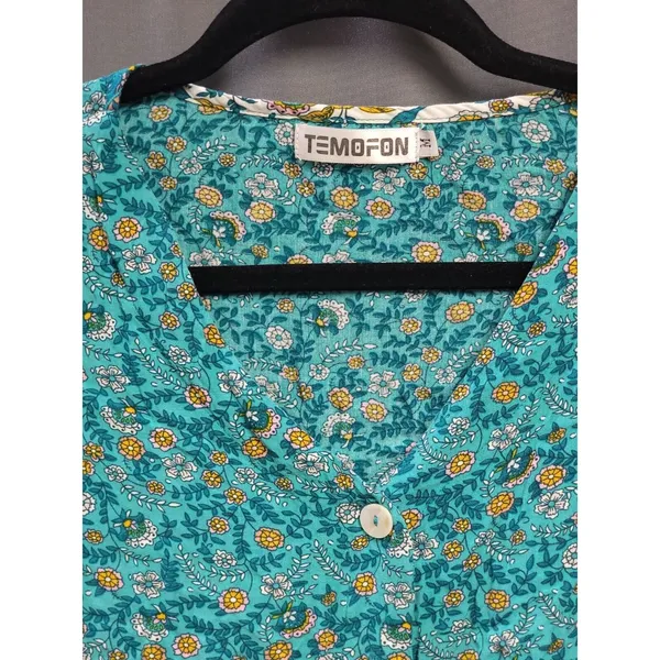 Temofon Summer Mini Dress Women's Medium Blue Floral Print Short Sleeve B82 - Image 2