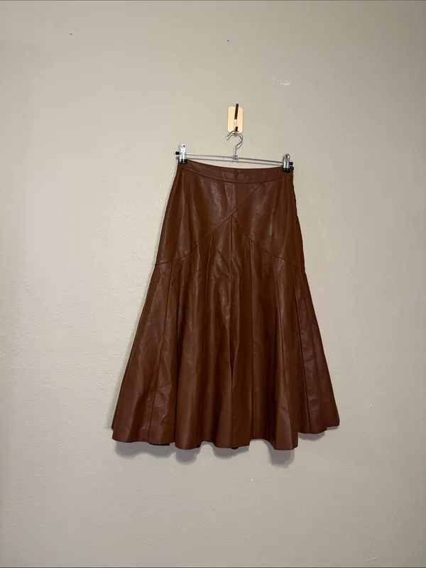 Anthropologie Maeve Mariska Brown Faux Leather Midi Skirt Size 2 A Line NWT - Image 4