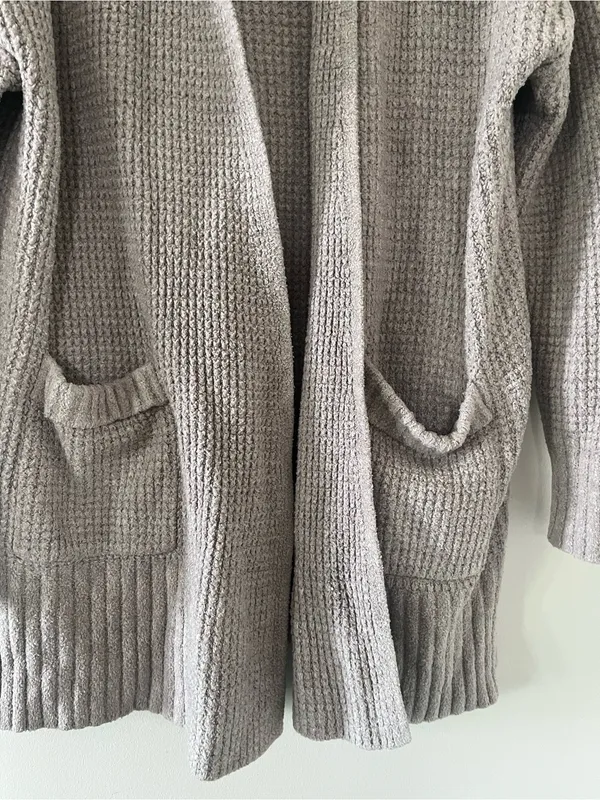 Barefoot Dreams Cozy Chic Oatmeal Taupe Waffle Knit Long Cardigan Small Cabin - Image 4