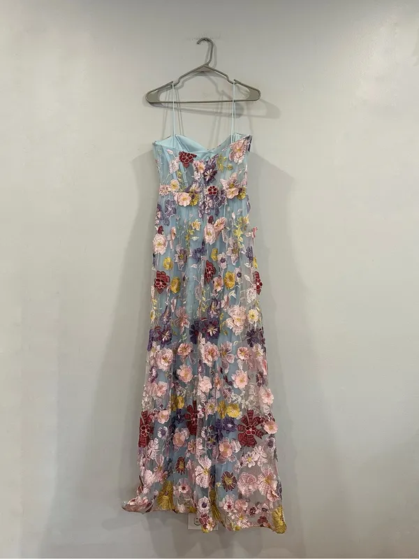 Mac Duggal 56331 Blue Spaghetti Strap Floral Embroidered A-Line Gown Sz 6 - Image 3