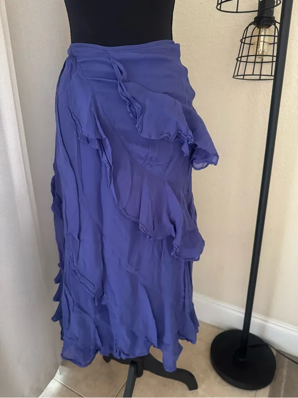Anthropologie Indigo Ruffle Wrap Maxi Skirt High Slit Boho Romantic Size - Image 5