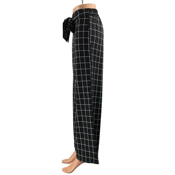 Mine Black Windowpane High Rise Drawstring Wide Leg Trousers Dress Pants Size S - Image 2