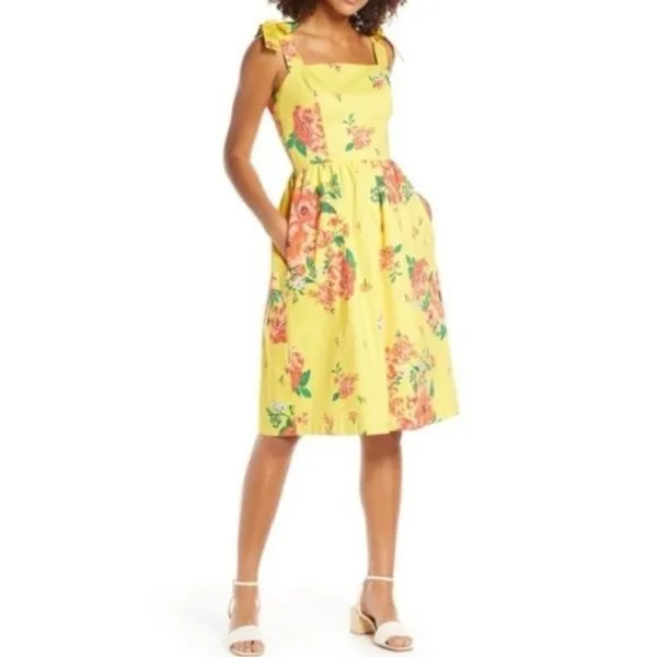 Chandler Henry Sundress Large Yellow Floral Tie Shoulder Midi Dress - Image 2