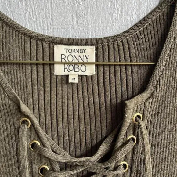 Torn by Ronny Kobo Lace Up Ribbed Knit Mini Dress‎ in Olive Green Size M - Image 5