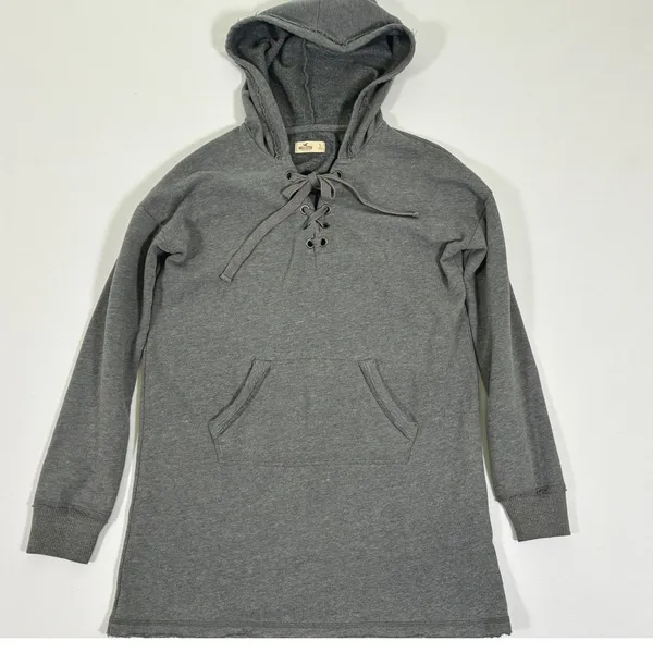Hollister Womens S Gray Lace Up Longline Tunic Hoodie Sweatshirt Y2K - Image 5