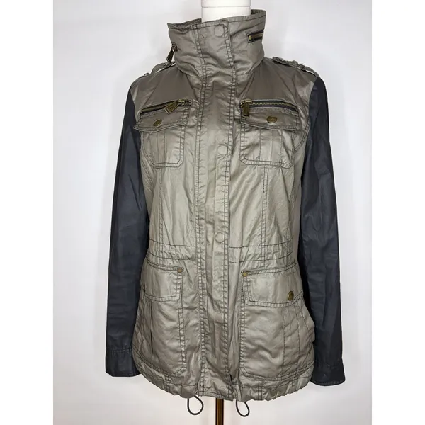 Michael Kors Women Olive Green Black Mixed Media Utility Jacket Small Brass Zip - Image 2