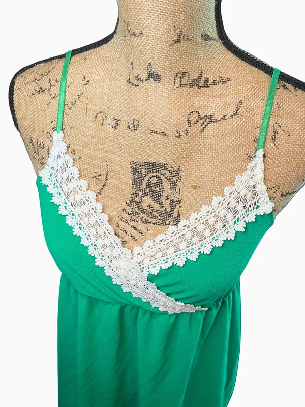 Green Babydoll Dress with White Lace Trim & Adjustable Straps - Image 4