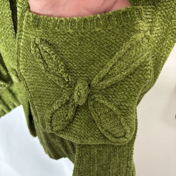 Vintage 90s Small Chenille Sweater Cardigan Peter Pan Collar Pockets‎ Green Cozy - Image 8